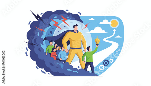 A powerful superhero leader in a yellow suit with a blue cape stands protectively in front of a group of diverse people emerging from a dark, stormy cloud, symbolizing overcoming challenges and