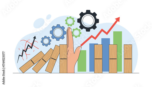 Conceptual illustration of business strategy and risk management, showing a hand halting a cascade of dominoes, gears symbolizing operations, and a rising graph indicating growth and success