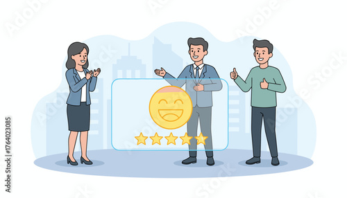 Satisfied customers and employees celebrate excellent customer service, represented by a five-star rating and a happy emoji, highlighting business success and positive feedback in a modern city