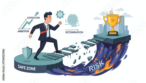 Businessman bravely crossing a broken bridge representing risk and challenges from a safe zone towards a golden trophy symbolizing success and achievement, illustrating ambition, aspiration, and