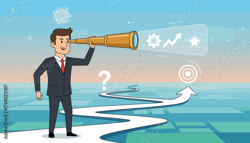 A determined businessman in a suit peers through a golden spyglass, searching for the right direction and business opportunities, with abstract icons of gears, growth charts, and a star representing