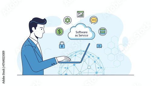 Software as a Service concept illustration: A businessman in a blue suit uses a laptop connected to a cloud, symbolizing digital transformation, data storage, and online business solutions with icons