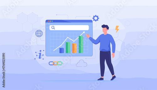 Modern flat illustration of a man presenting a digital graph with rising bars and line chart on a web browser interface, symbolizing SEO and web analytics, with abstract network and data icons in the