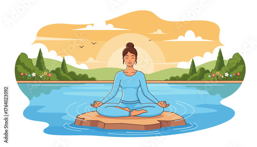 Serene woman in blue attire meditating peacefully on a rock in a tranquil lake, surrounded by lush green trees, vibrant flowers, and rolling hills under a warm, cloudy sunset sky, embodying inner