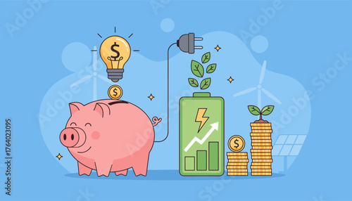 Vivid illustration of saving energy and money, symbolizing a concept of financial growth and environmental responsibility with a piggy bank, lightbulb, battery, coins, wind turbines, and solar panels