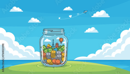 Vivid illustration of a glass savings jar brimming with coins and banknotes, symbolizing travel funds, set against a bright blue sky with fluffy clouds and a distant airplane, representing dreams of