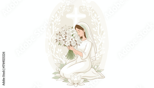 A serene young woman in a white dress and veil kneels in prayer, holding a lush bouquet of white lilies and roses, with a glowing cross and delicate floral branches in the background, symbolizing