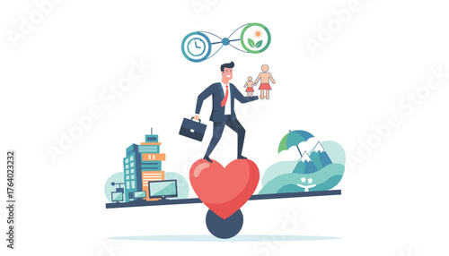 Conceptual illustration of a businessman balancing work and life on a heart-shaped seesaw, symbolizing work-life balance, career success, family, and personal well-being against a backdrop of