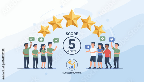 Conceptual illustration of a 5-star rating system, symbolizing excellent performance and customer satisfaction, with diverse people giving positive feedback and a score of 5 out of 5 points
