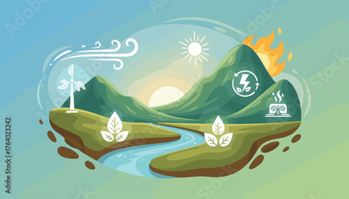 Vibrant abstract landscape illustrating renewable energy sources and environmental concepts, featuring wind turbines, solar power, geothermal energy, and lush greenery under a bright sun and blue