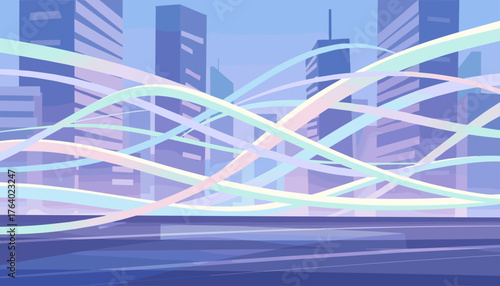 Abstract pastel light streaks gracefully weave through a futuristic cityscape, creating a dynamic and ethereal urban scene with modern skyscrapers and a sense of flowing energy, perfect for
