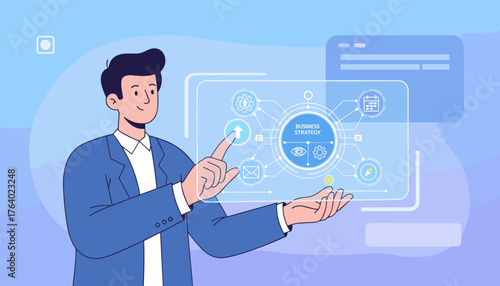 Business strategy concept with a man in a blue suit interacting with a futuristic holographic interface displaying icons for planning, vision, communication, and progress, symbolizing strategic