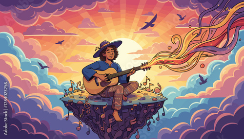 A soulful acoustic guitarist sits on a floating island amidst a vibrant, dreamlike sky at sunset, with musical notes and colorful energy streams emanating from the instrument, evoking a sense of
