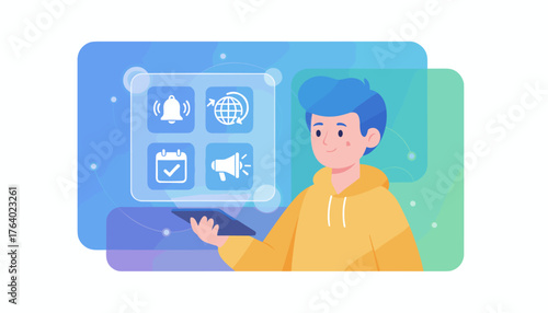 Modern digital concept of a young person interacting with a tablet displaying a user interface with notification icons like bell, globe, calendar, and megaphone, representing alerts and web services