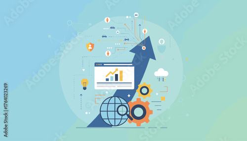 Conceptual illustration of SEO and search engine optimization strategies, showcasing data analytics, growth charts, global search, and digital marketing elements with an upward trending arrow