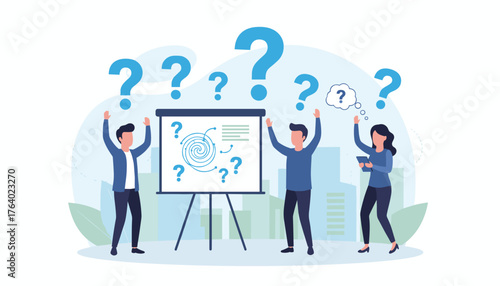 Three business people stand around a whiteboard with question marks floating above their heads, symbolizing confusion, doubt, and the need for help or solutions in a modern urban setting.