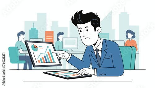 Focused businessman in a blue suit analyzing financial charts and graphs on a laptop and tablet in a modern office setting with colleagues in the background, symbolizing business growth and data