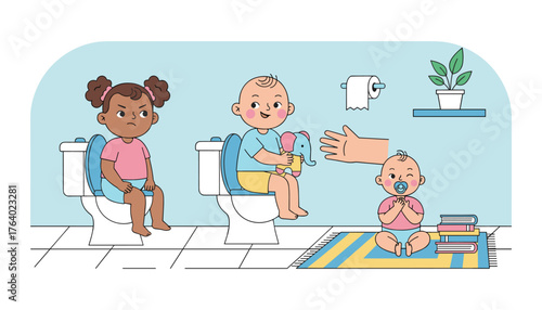 Modern flat illustration depicting a bathroom scene with three babies. One baby sits on a toilet with a toy elephant, another sits on a toilet looking grumpy, and a third baby sits on a rug with