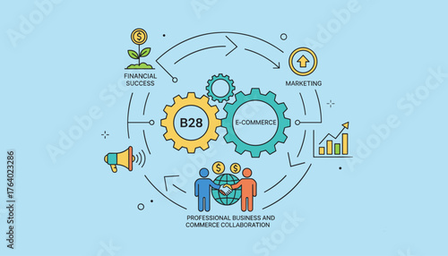 Vibrant flat design illustration depicting a B2B marketing strategy concept, showcasing interconnected gears labeled 'B2B' and 'E-commerce', symbolizing professional business and commerce