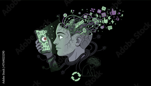 Conceptual illustration of brain rot and toxic social media addiction, showing a profile of a head with wires and icons of social media, viruses, and negative emotions spilling out, while a hand