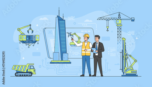 Two professionals, an engineer in a hard hat and safety vest and an architect in a suit, analyze a futuristic skyscraper blueprint with advanced construction machinery, drones, and a dump truck in a