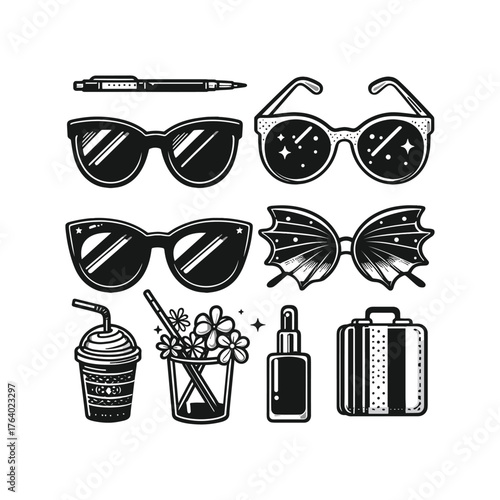 A collection of black and white illustrations featuring various travel and lifestyle accessories like sunglasses, a pen, drinks, a spray bottle, and a suitcase.
