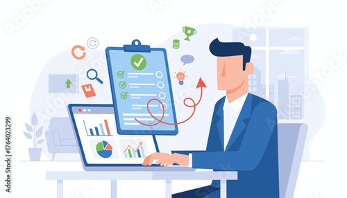 Business performance checklist with businessman using laptop and charts, showing growth and success with icons of lightbulb, trophy, and coins, representing planning, strategy, and achievement in a