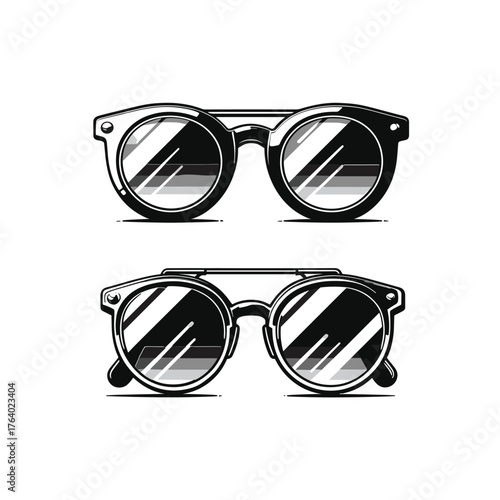 Two pairs of round sunglasses with a bridge bar, in a black and white illustration.
