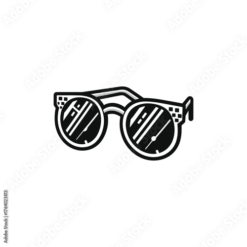 Black and white illustration of sunglasses with round lenses and a detailed frame design.