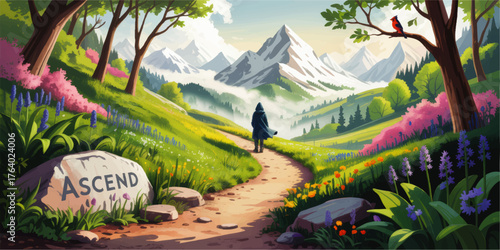 Inspirational Mountain Path Illustration with Lush Flowers, Spring Landscape, Motivational Journey, Vibrant Colors, and Ascend Message