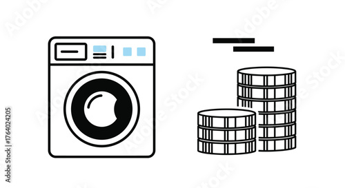 Washing machine next to stacked coins symbolizing laundry cost and savings
