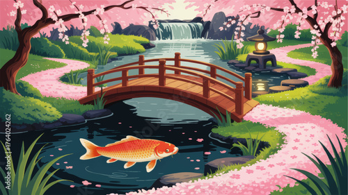 Tranquil Japanese Garden Illustration with Cherry Blossom Trees, Wooden Bridge, Koi Fish Pond, Waterfall, and Lantern in Spring