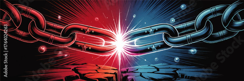 Red vs Blue Chains Breaking Apart, Symbolizing Political Division, Conflict, and Tension – Dynamic Vector Illustration on Black