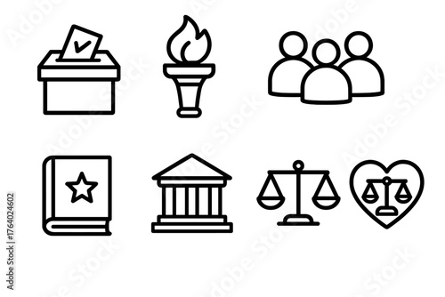 Democratic Values outline icon set: voting ballot, liberty flame, people icons, declaration scroll, constitution book, courthouse, balance symbol, heart of justice.