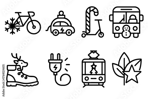 Festive Sustainable Transport outline icon set: snowflake bicycle, ornament electric car, candy cane scooter, frosty bus icon, reindeer walking shoe, glowing charging plug, holiday