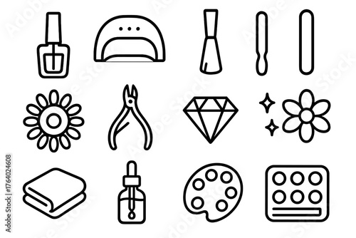 Salon Nails outline icon set: polish bottle, UV lamp, brush, nail file, color wheel, clippers, rhinestone, flower design, sparkle, towel, cuticle oil, paint tray.
