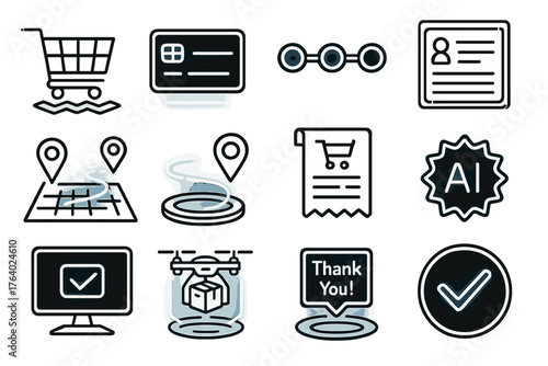 Futuristic Checkout Flow outline icon set: holographic cart, glowing payment card, neon progress tracker, cyber address form, virtual delivery path, hologram order summary,