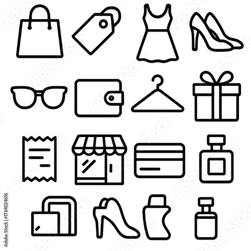 Retail Style outline icon set: shopping bag, price tag, dress, shoes, sunglasses, wallet, hanger, gift box, receipt, store window, credit card, perfume bottle.