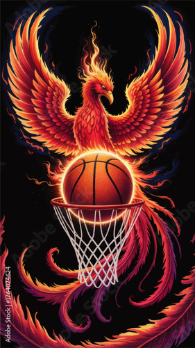 Majestic Flaming Phoenix With Basketball Dunk - Fiery Bird Mascot Artwork, High Energy Sports Fantasy Illustration on Black