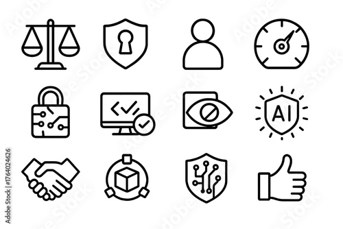 Ethical Machine Learning outline icon set: balance scale, privacy shield, human icon, fairness gauge, data lock, code checkmark, transparency symbol, ethical AI badge, trust icon,