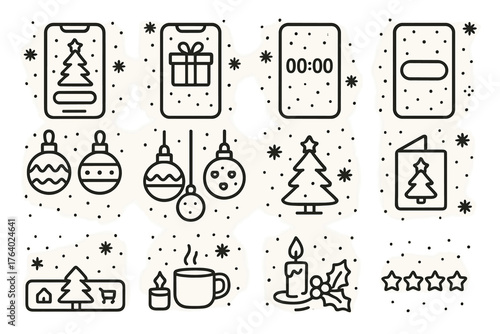 Holiday Mobile UI outline icon set: festive login screen, snowflake background, gift shop banner, holiday countdown timer, red call-to-action button, ornament icons, Christmas tree