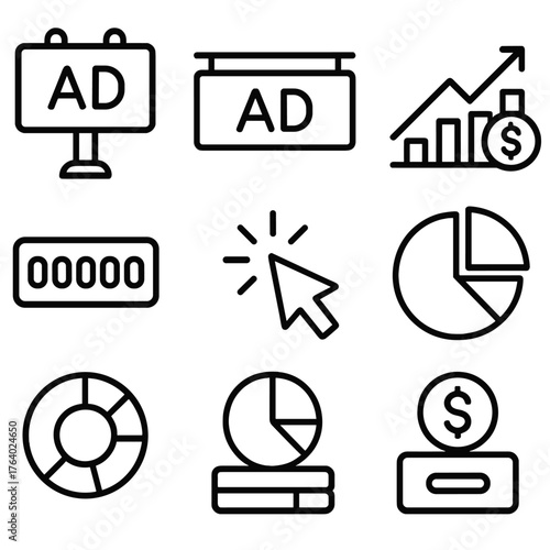 Ad Analytics outline icon set: billboard screen, ad banner, ROI graph, dollar symbol, impression counter, click cursor, segmentation chart, campaign budget.