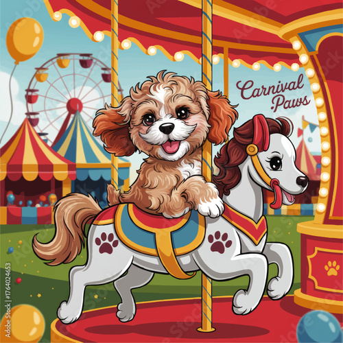 Cute Puppy Riding Carousel Horse at Vibrant Carnival Fairground, Colorful Festive Illustration for Children’s Event and Pet Themes