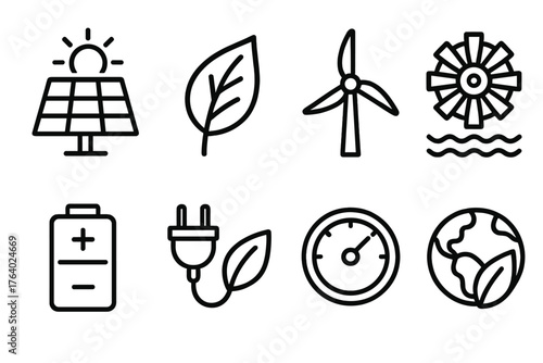 Renewable Energy outline icon set: solar icon, green leaf, wind energy, water turbine, battery storage, eco-friendly plug, power gauge, global sustainability.