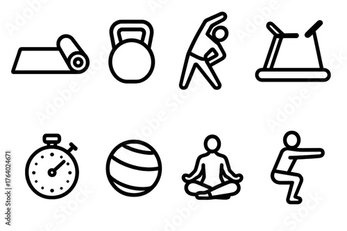 Home Workouts outline icon set: fitness mat, kettlebell, stretching figure, treadmill, stopwatch, balance ball, yoga pose, squat icon.