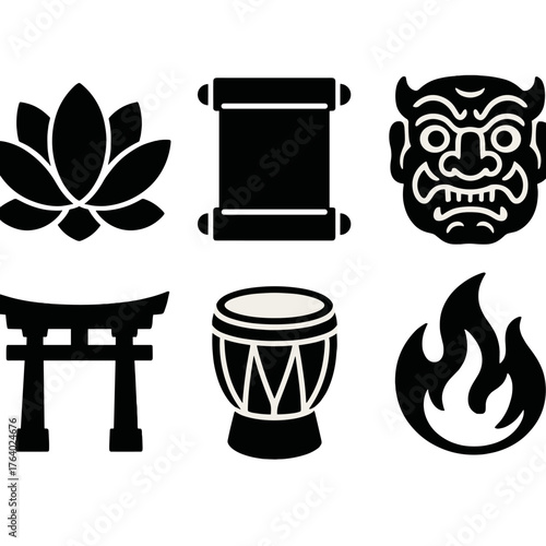 Cultural respect silhouette set: lotus, scroll, traditional mask, temple gate, drum, flame.