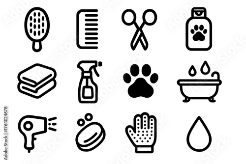 Grooming Essentials outline icon set: brush, comb, scissors, shampoo, towel, spray bottle, paw icon, bathtub, hair dryer, soap, grooming glove, water drop.