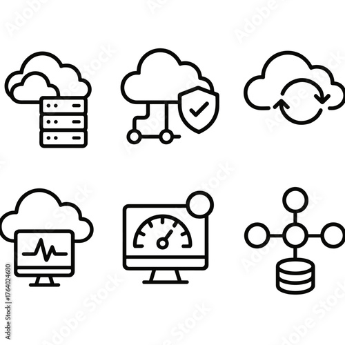 Cloud Environments outline icon set: hybrid cloud, connected servers, protection shield, cloud sync, system monitoring, performance dashboard, network hub, database icon.
