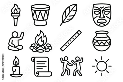 Ceremonial campfire outline icon set: torch, drum, feather, tribal mask, storytelling figure, circle of stones, flute, decorated pot, candle flame, scroll, dancers, sun symbol.