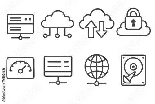 Cloud Hosting set of icons in doodle hand-drawn vector style: web server, network cloud, file transfer arrows, secure data icon, performance dashboard, hosting node, global
